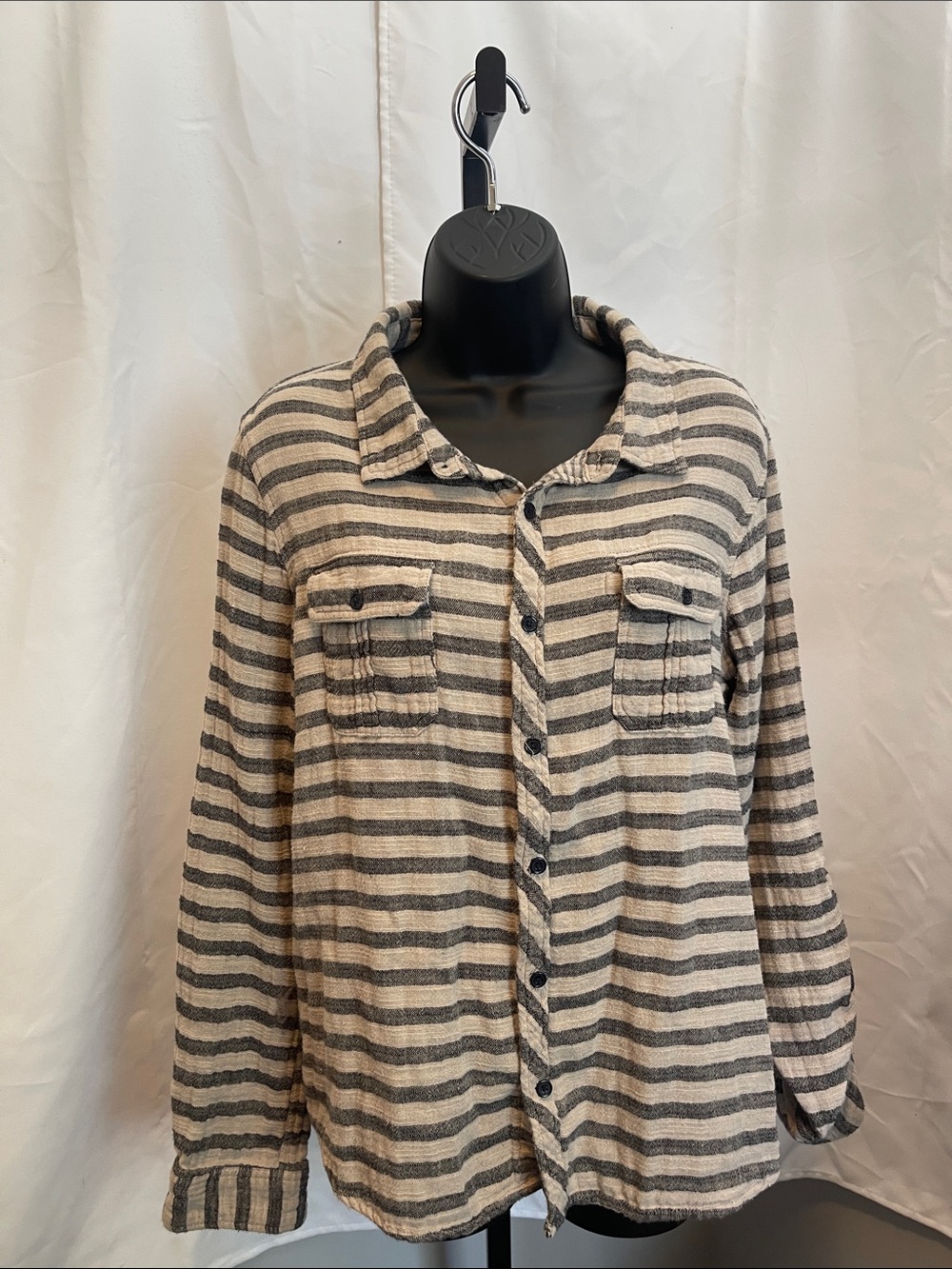 Miss Me Beige and Gray Striped Button-Down Shirt